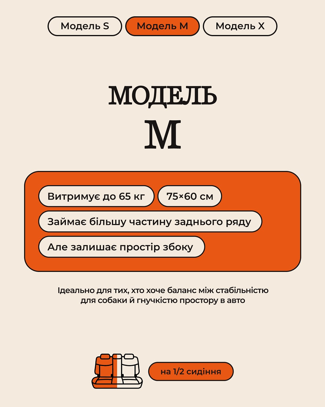 Модель M HeyJune: автогамак до 65 кг, 75×60 см, займає половину заднього ряду