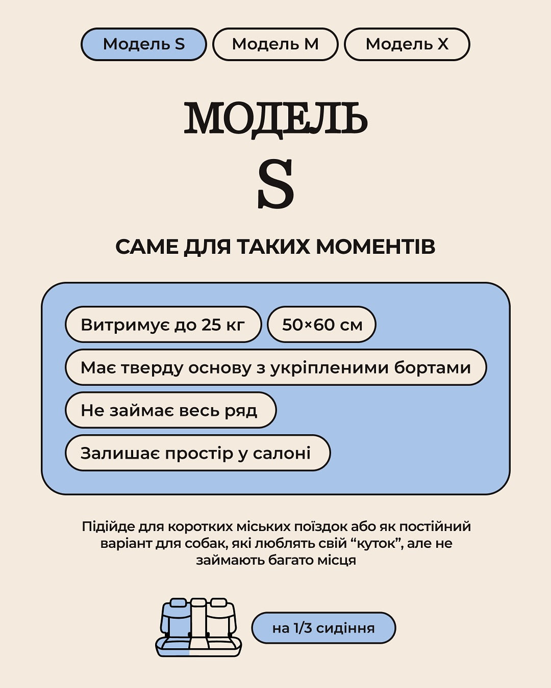 Модель S HeyJune: автогамак до 25 кг, 50×60 см, не займає весь задній ряд